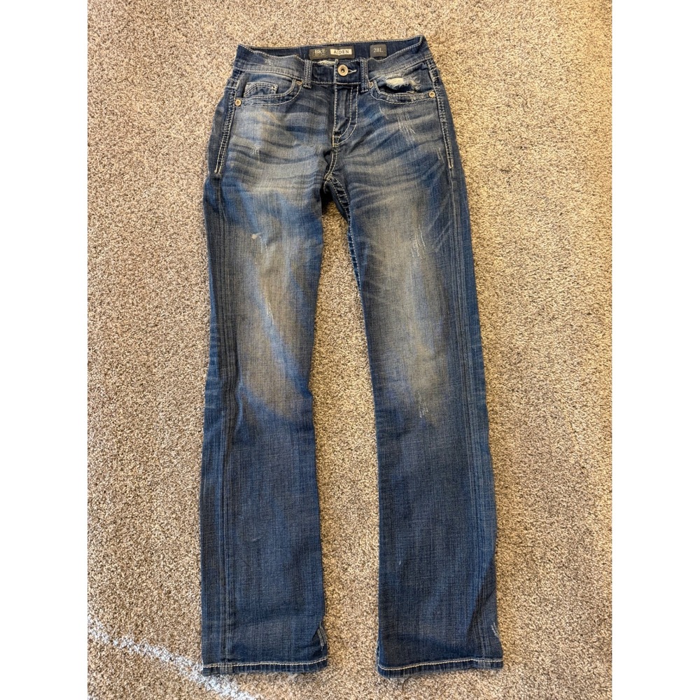 BKE Jeans Mens 28L Blue Aiden Bootleg Distressed Medium Wash Denim Pants *